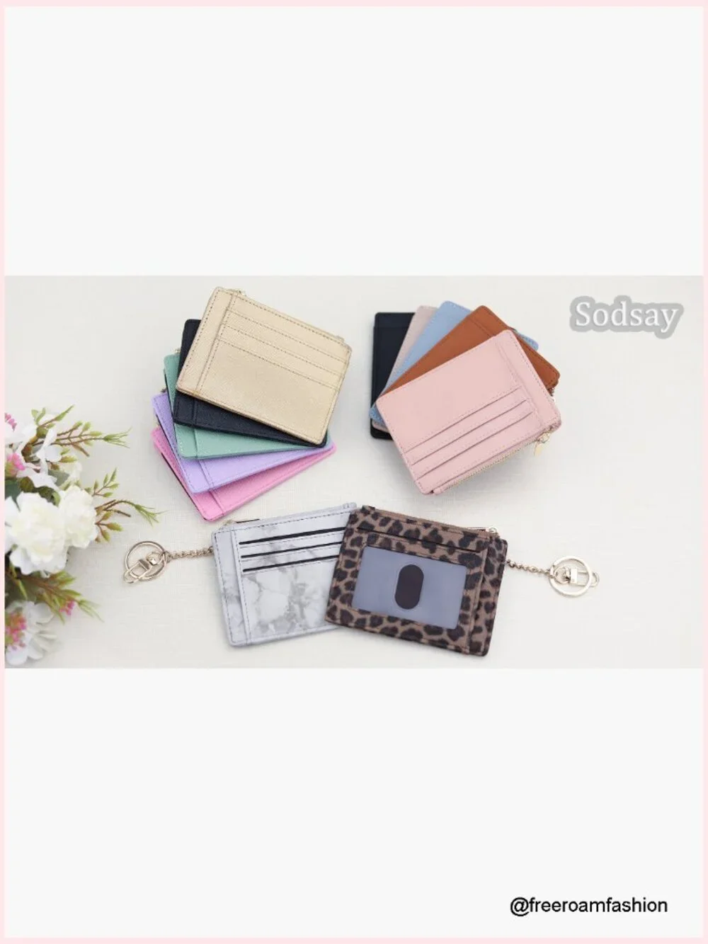 Slim Card Case Wallet for Women with Keychain - 6 Card Slots, ID Window, Zipper